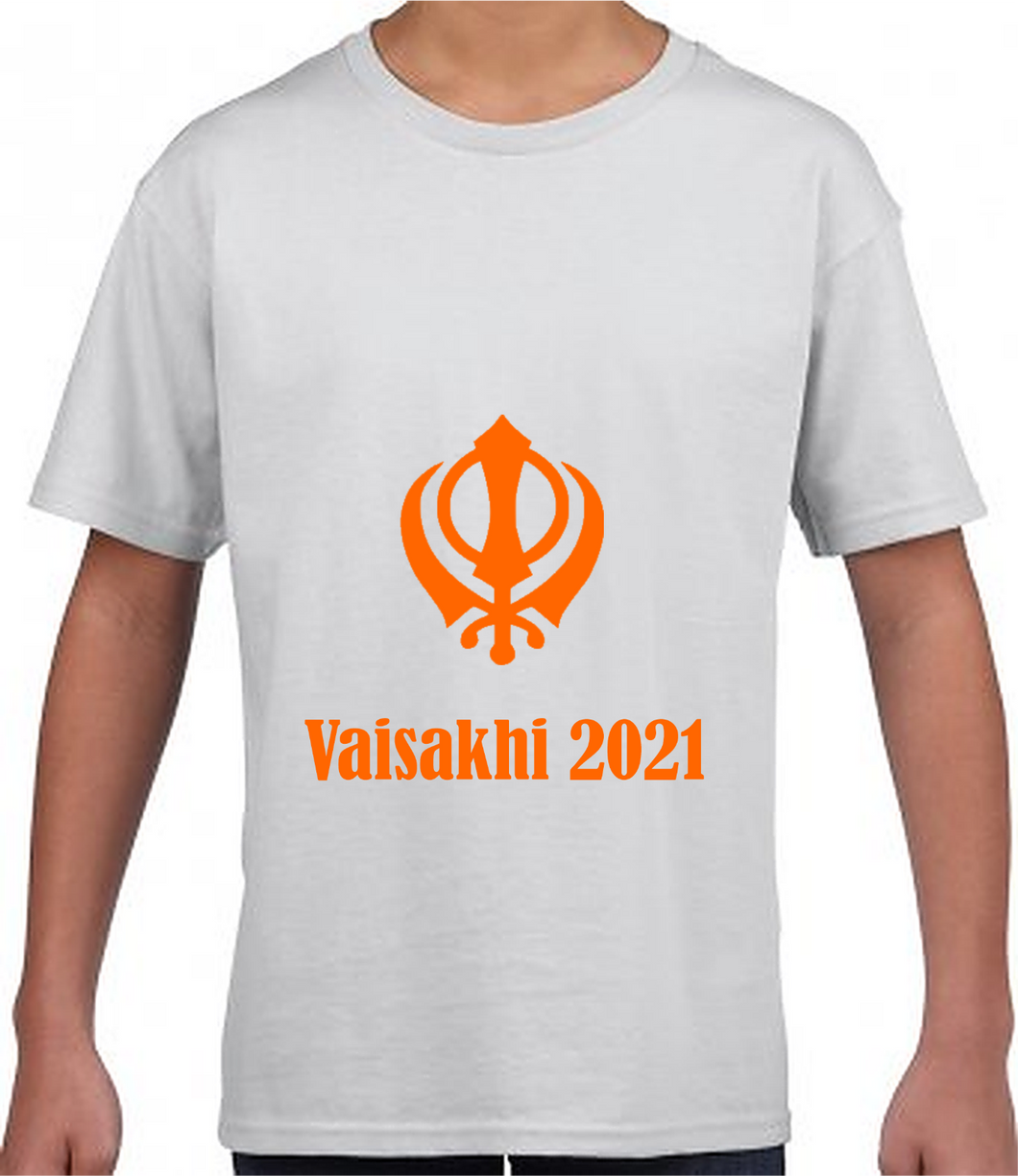 Vaisakhi Mens White with orange Khanda Cotton T Shirt