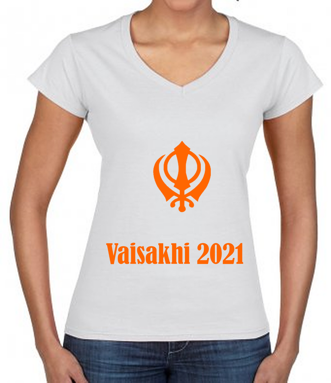 Vaisakhi White with Orange Khanda Ladies T Shirt