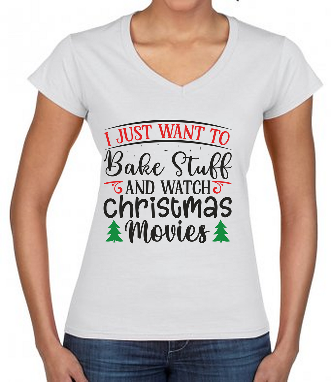 Ladies Christmas Tshirt - Bake and Christmas Movies