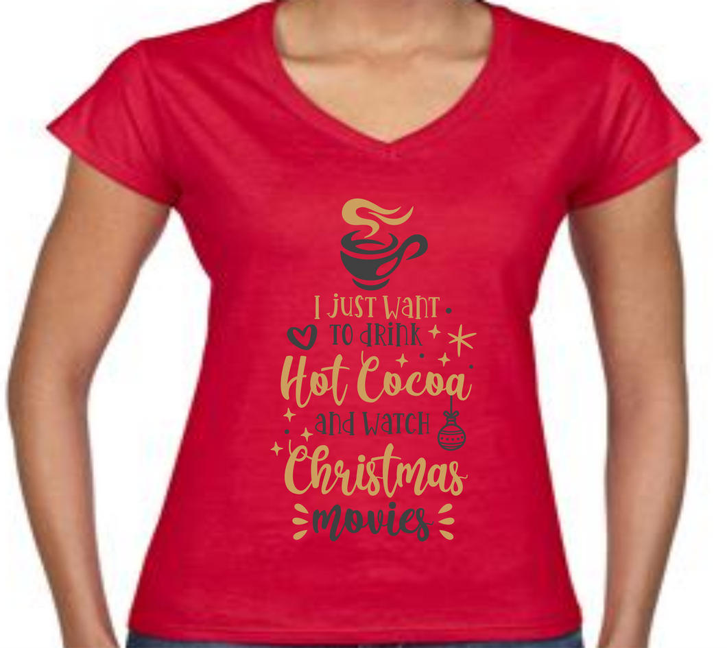 Ladies Christmas Tshirt - Hot Cocoa and Christmas Movies