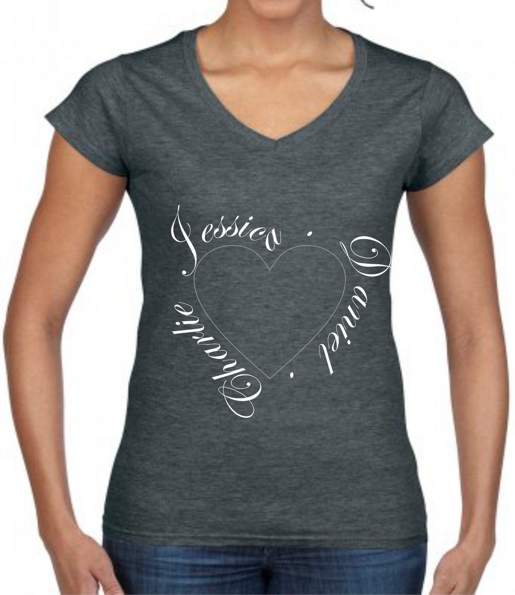 Ladies T Shirt - Any 3 Names Printed Around Heart