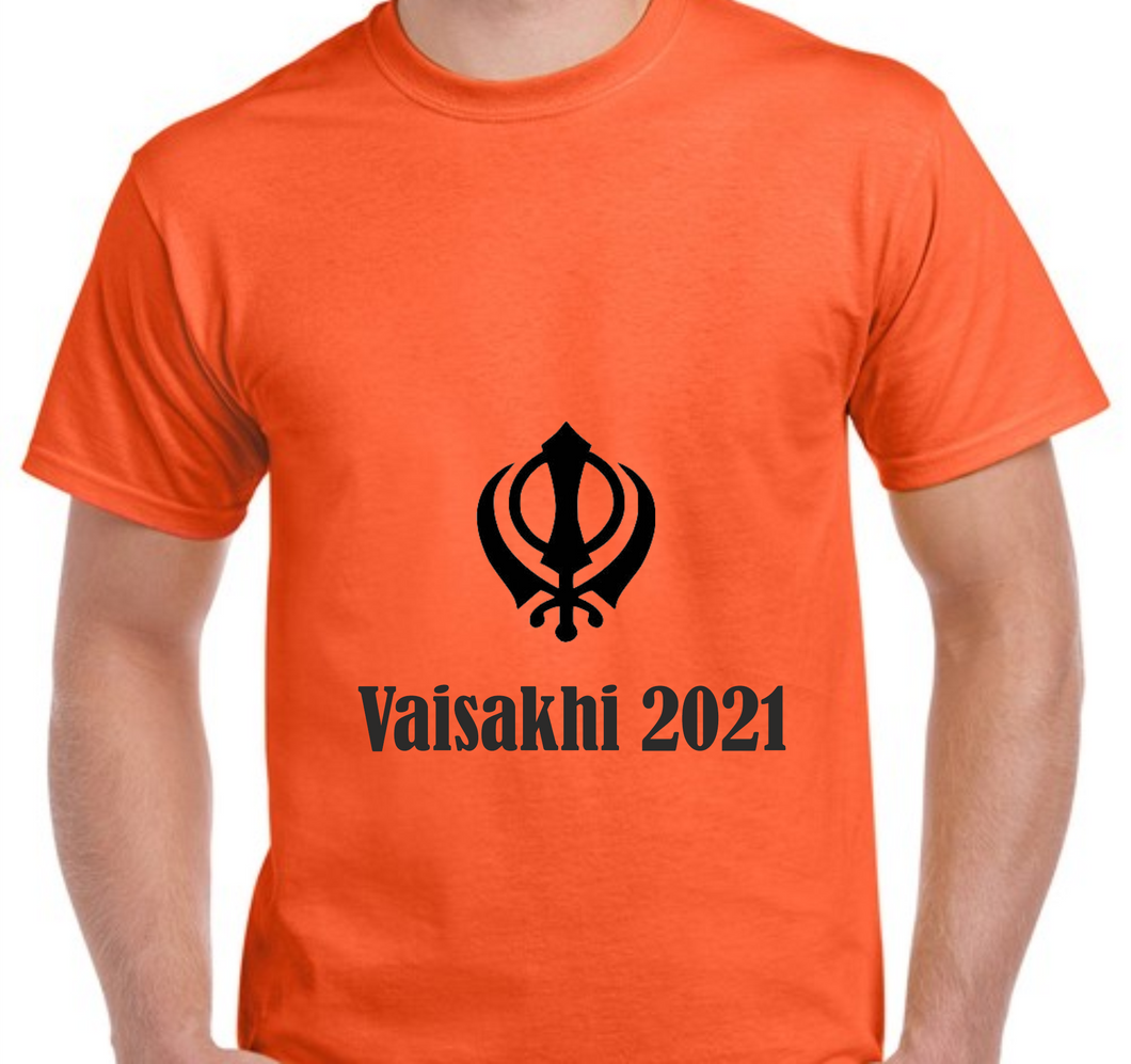 Vaisakhi Mens Orange with Black Khanda Cotton T Shirt